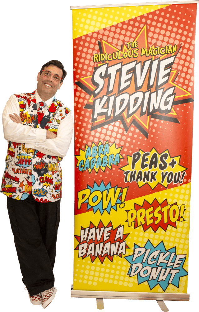 graphic for stevie kidding children's birthday party family entertainer in boston